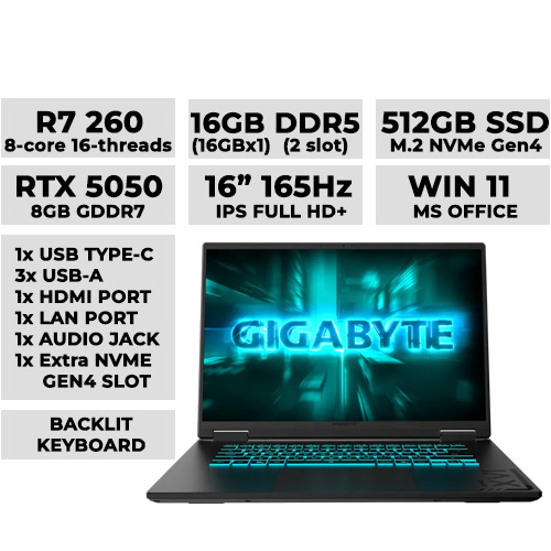 Gigabyte Gaming A16 3THK3PH893SH Laptop 16" 165hz | Ryzen 7 260 | 16GBx1 DDR5 (2 slot) | 512GB NVMe | RTX 5050 8GB